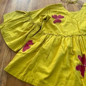 Linen ruffle tunic, Hand painted top, flare sleeves, peplum top